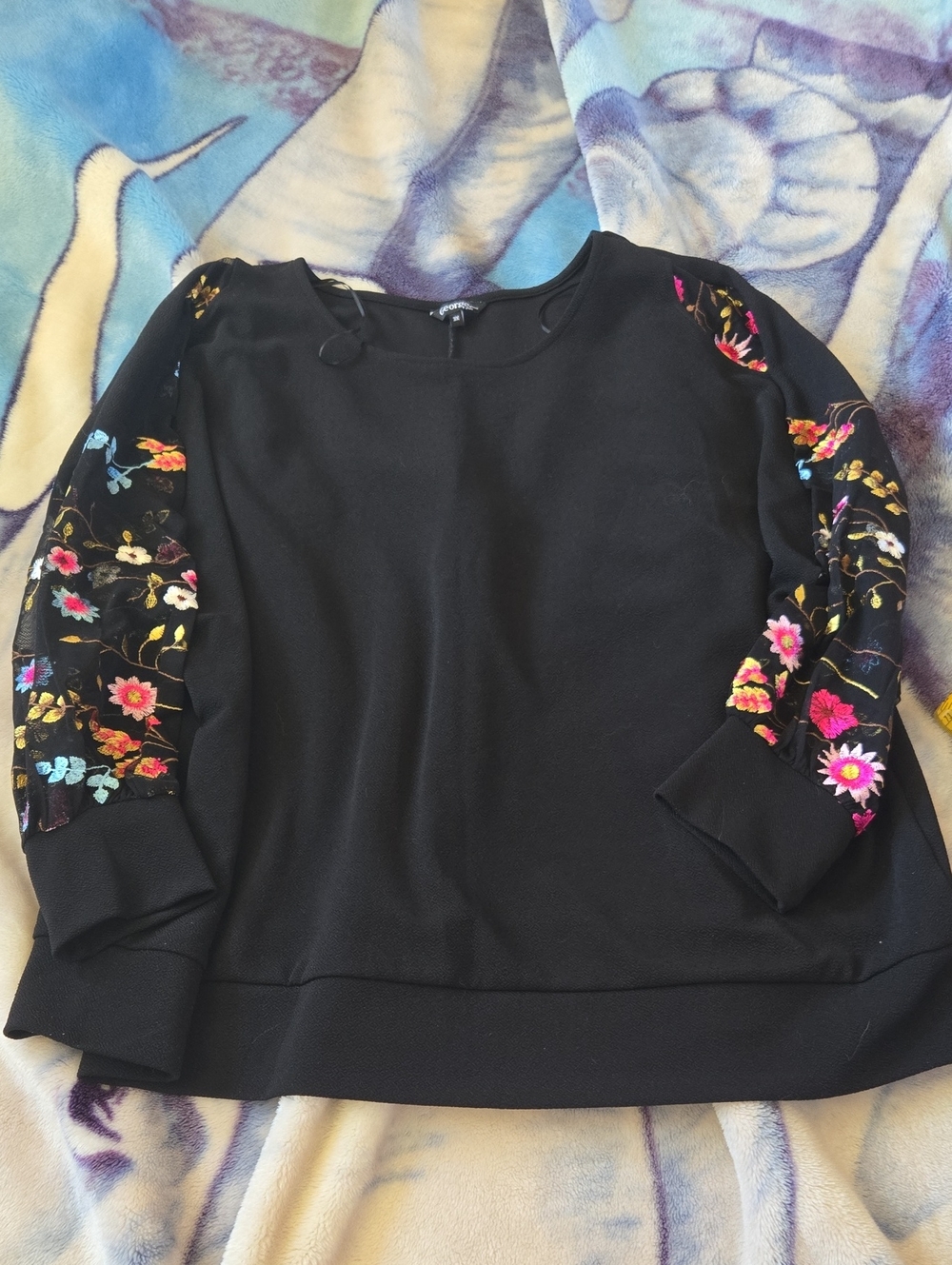 George Black Sweatshirt with Multicolor Floral Embroidered Sleeves